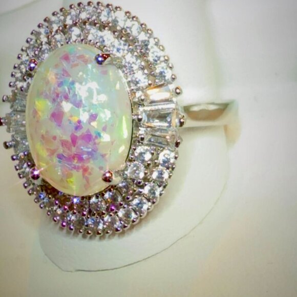Opal Cocktail Ring With CZ Halo Rhodium Size 6 - Picture 2 of 5